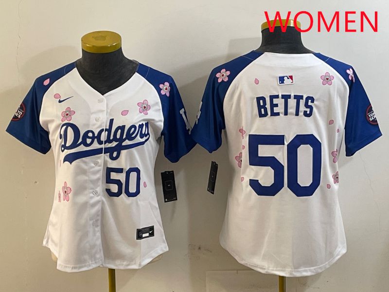 Women Los Angeles Dodgers #50 Betts White Blue Sakura Edition 2025 Nike MLB Jersey style 8